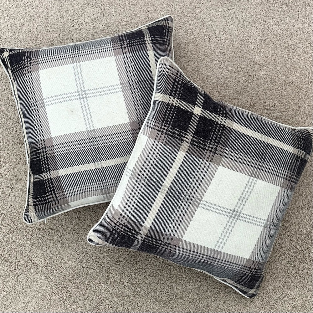 Set of 2 Plaid Black White & Tan Fall Throw Pillows with Down Feather Inserts